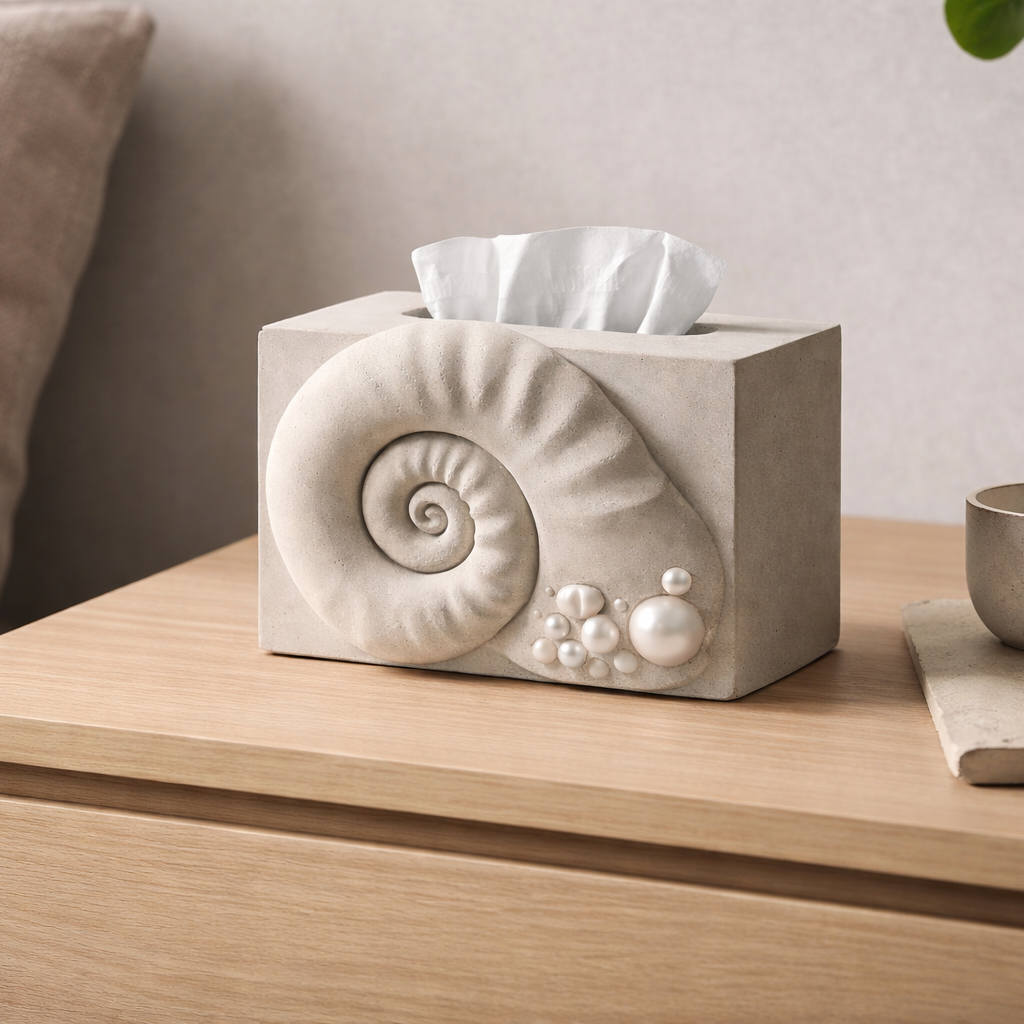 Ammonite Tissue Box styled on a bedside table beside a potted plant and ceramic vessel, soft natural light
