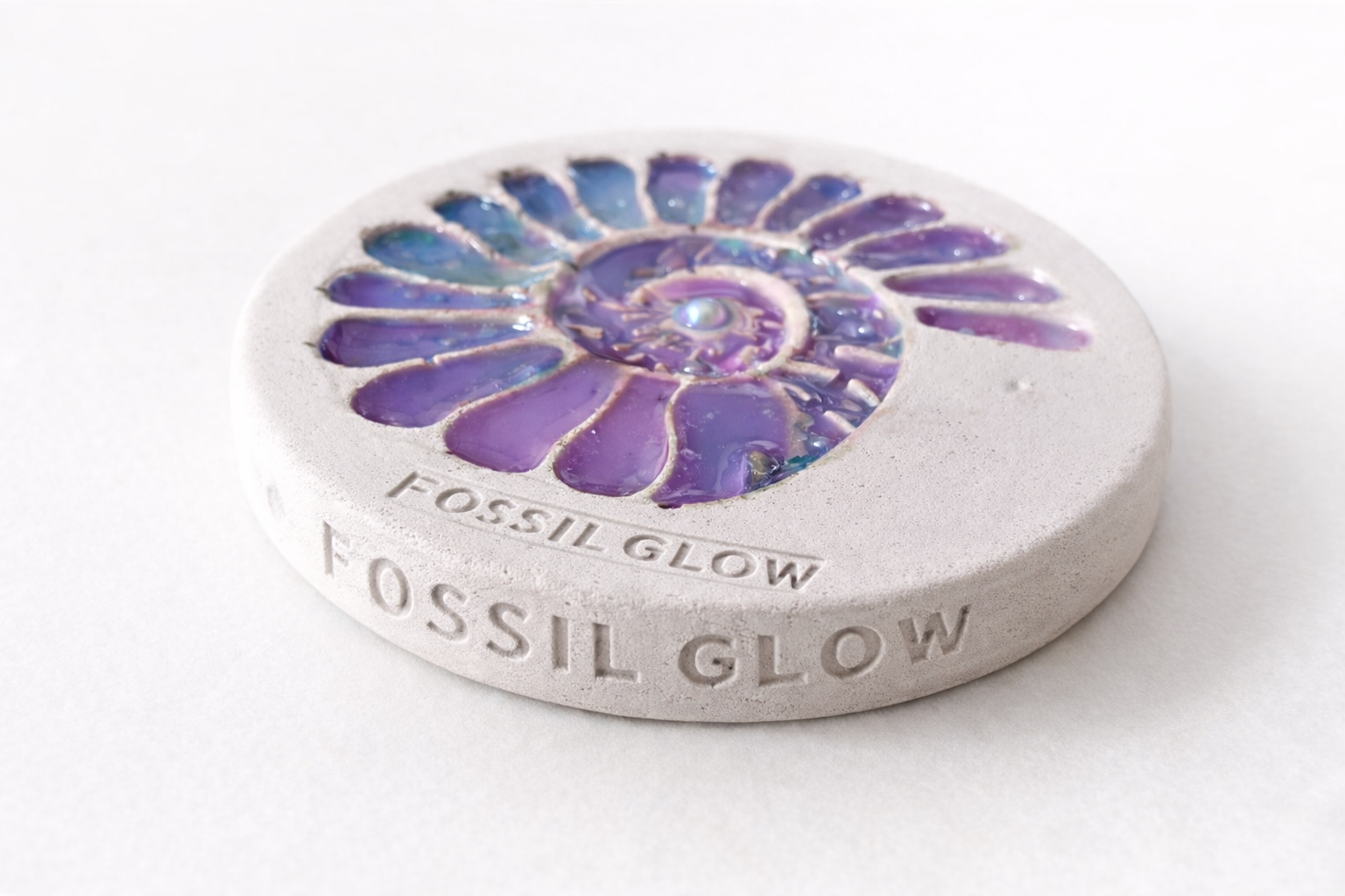 Ammonite Coaster — hero view of the spiral fossil relief cast in mineral-rich concrete.