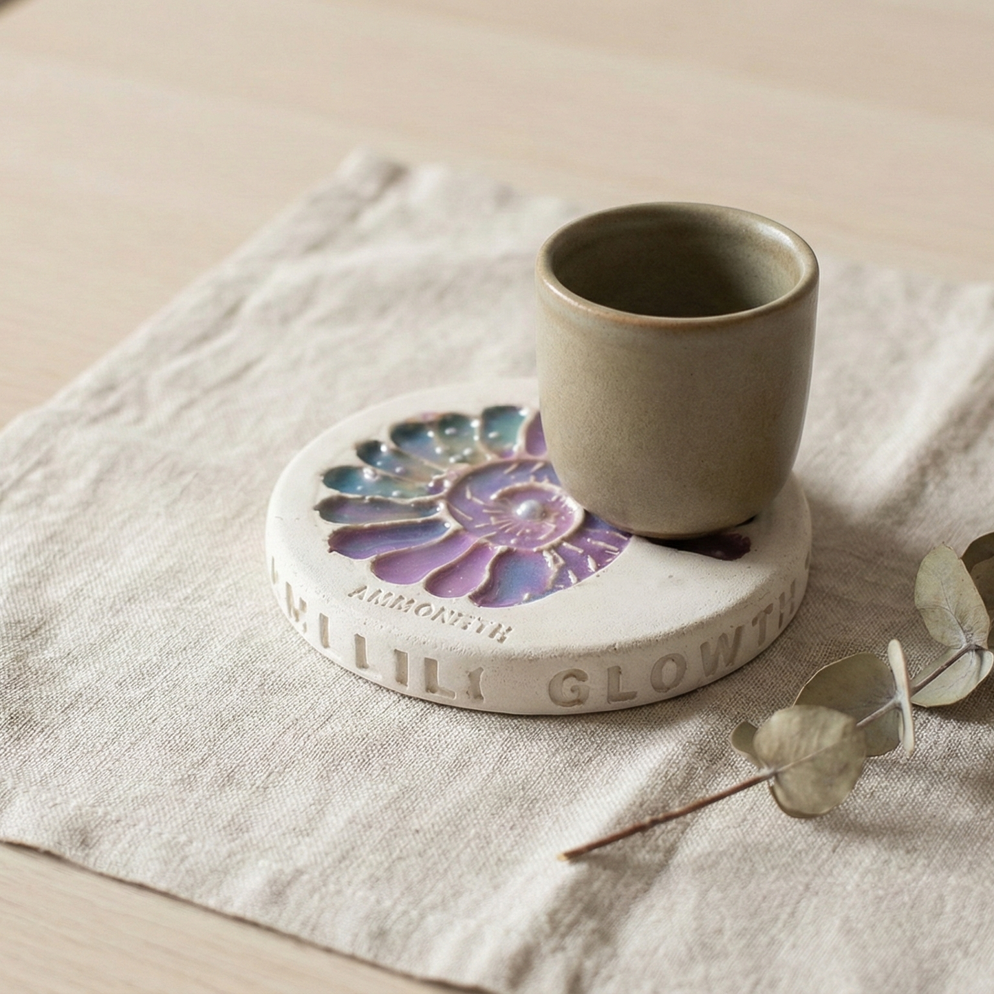 Ammonite Coaster supporting a teacup in a quiet afternoon ritual.