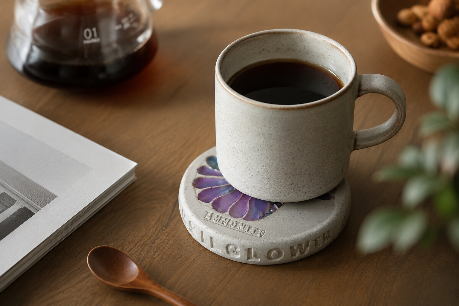 Ammonite Coaster beneath a coffee mug in a morning setting.