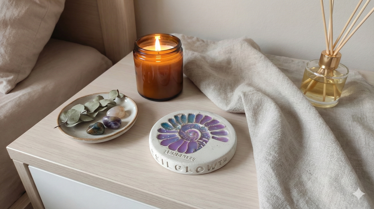 Ammonite Coaster serving as a base for a candle in a quiet interior.