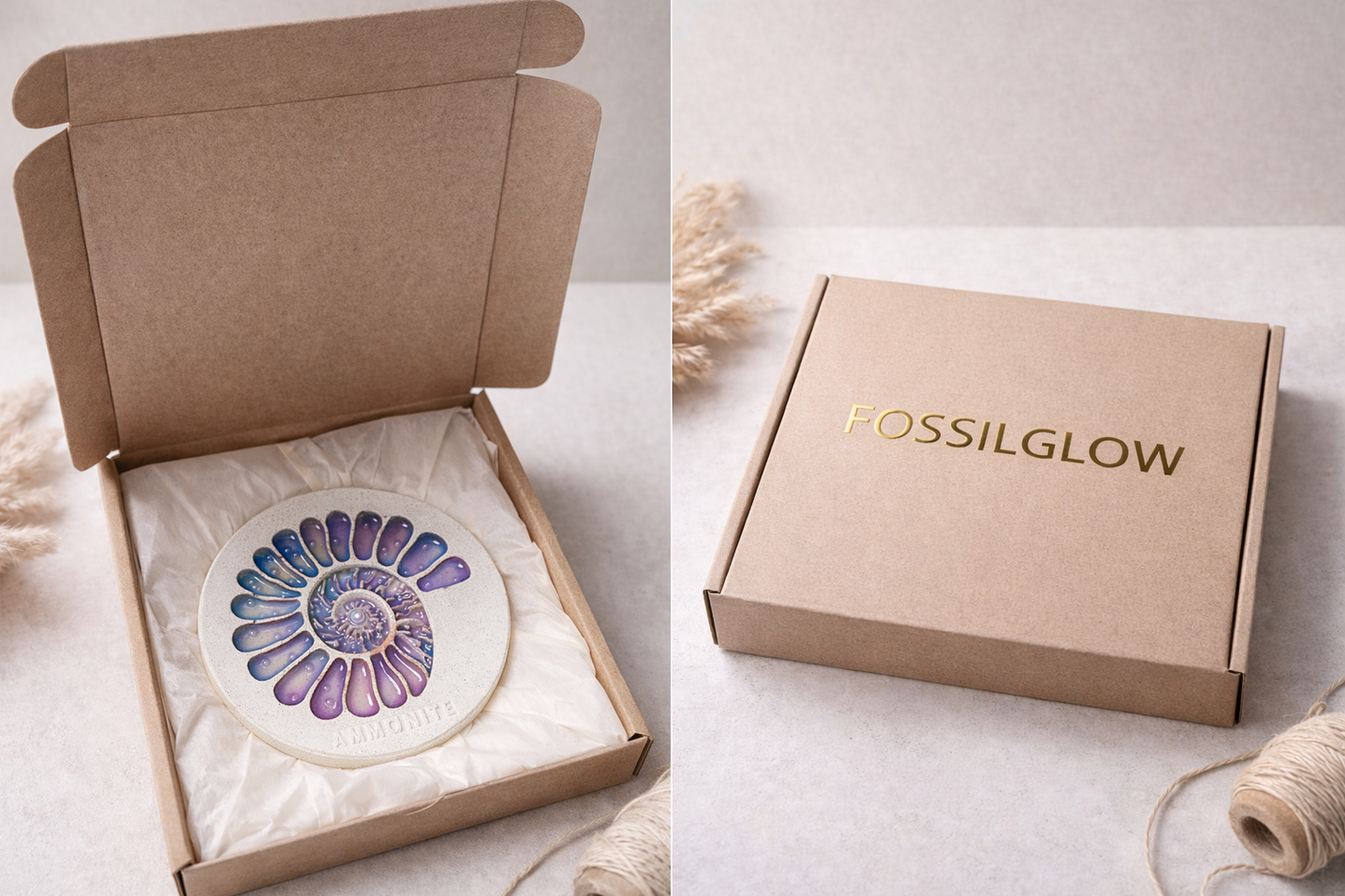 Ammonite Coaster — minimal packaging presentation.