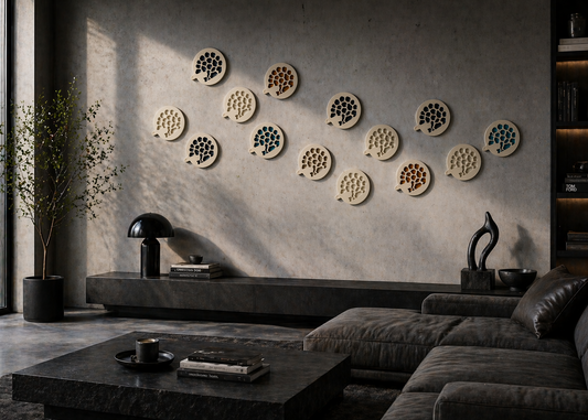 Vibrant Radiance Stego Wall Relief panel, unframed, on a neutral grey background, multi-color gradient