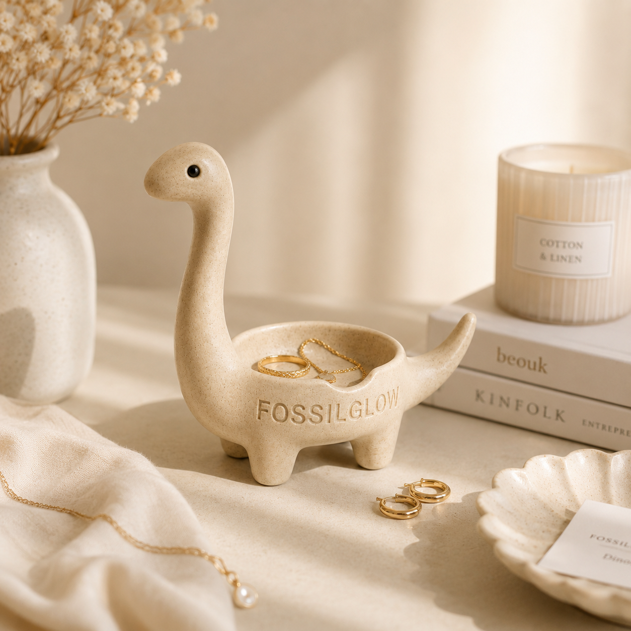 Bronto Jewelry Tray styled on a cream vanity with book, candle, and stacked jewelry under soft window light