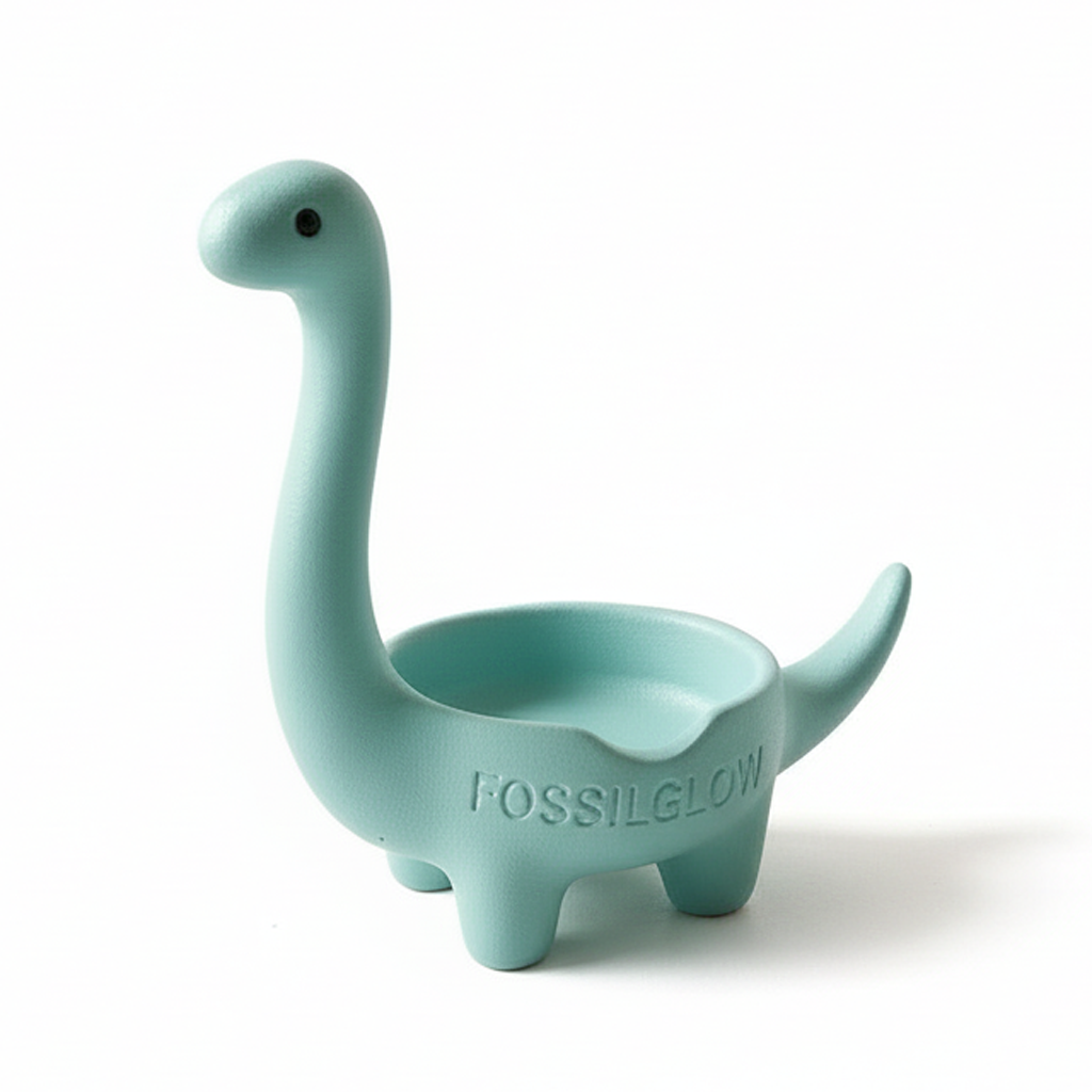 Close-up of Bronto Jewelry Tray surface showing the FOSSILGLOW logo imprint on Mint Blue concrete